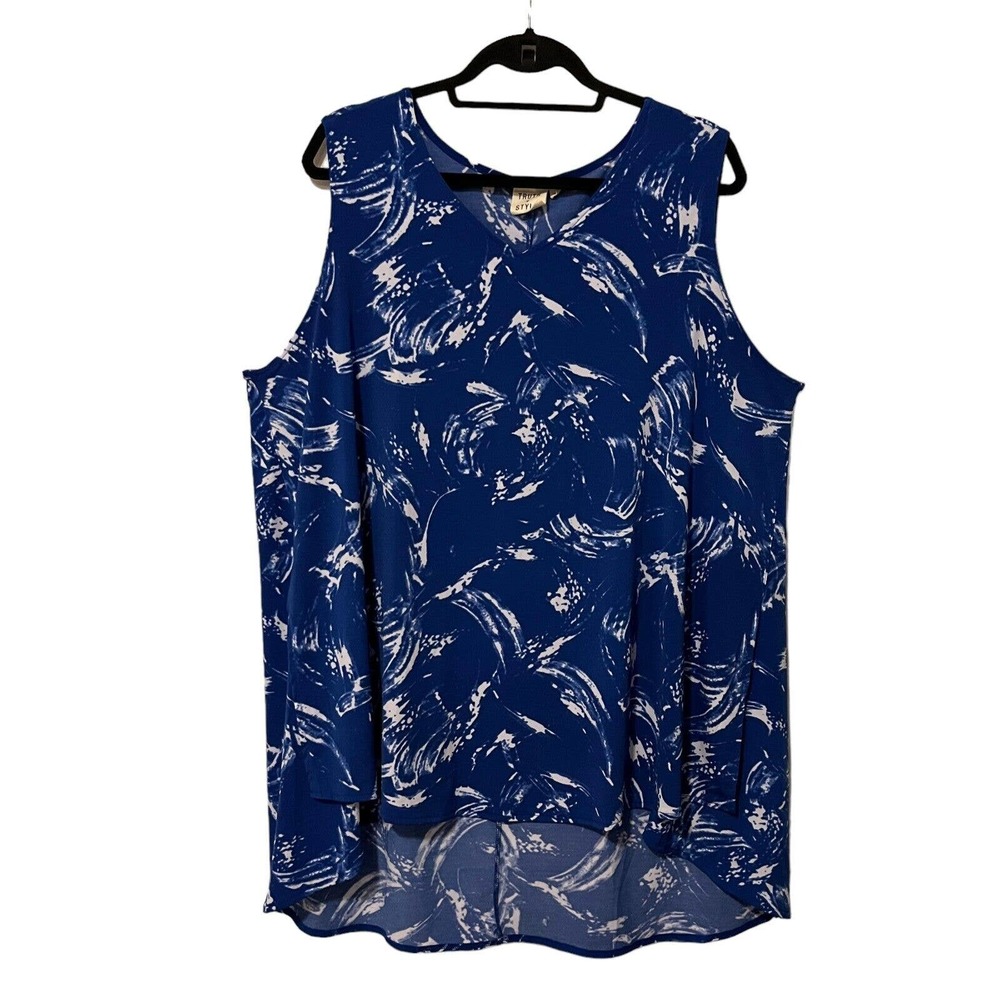 Truth + Style Womens Top 2X Blue White Print V-Neck Pullover Stretch Side Slits